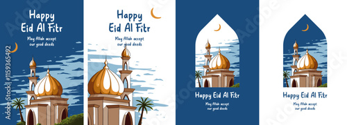 Happy eid al fitr poster or card design with mosque illustration