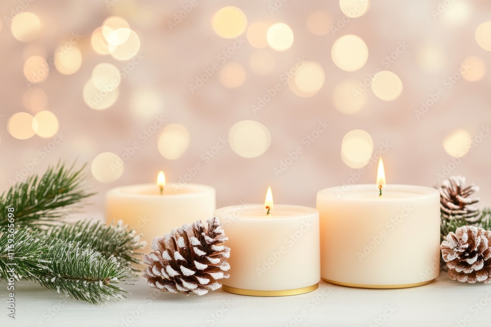 Christmas ornaments on snow with pine branches and bokeh lights in the background, pastel colors Christmas ornaments on snow with pine branches and bokeh lights in the background, pastel colors
