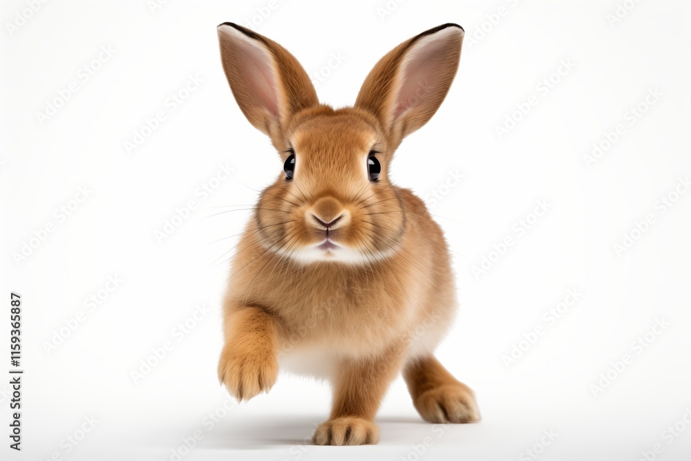 Obraz premium A cute rabbit hopping playfully, showcasing its soft fur and vibrant features against a clean white background.