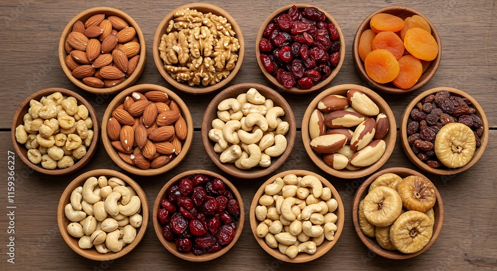 assorted nuts and dried fruit background. organic food in wooden bowls, top view. Ramadan assorted nuts and dried fruit background. organic food in wooden bowls, top view. Ramadan