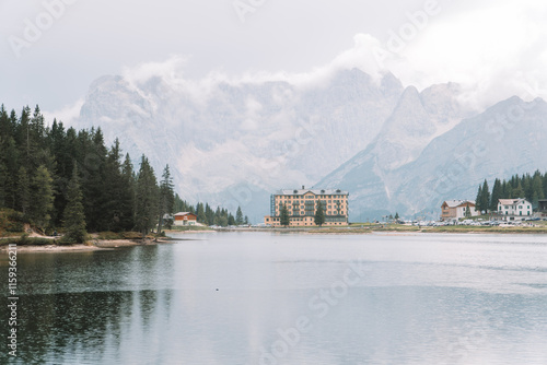 lago di misurina in italy at moody weather photo