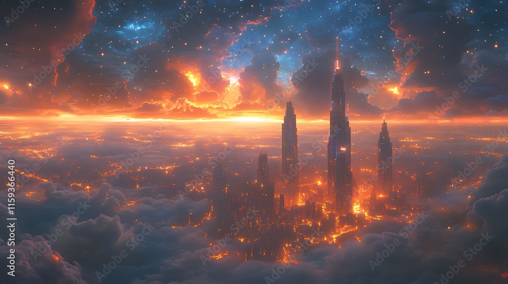 Futuristic city skyline above clouds at sunset, glowing with orange light under a starry sky. Futuristic city skyline above clouds at sunset, glowing with orange light under a starry sky.
