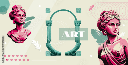 Modern poster cover design. Ancient Greek sculptures. Patterns, shapes, leaf. Watercolor vector abstract banner with the inscription "art". Card for design, business, congratulations, exhibitions.