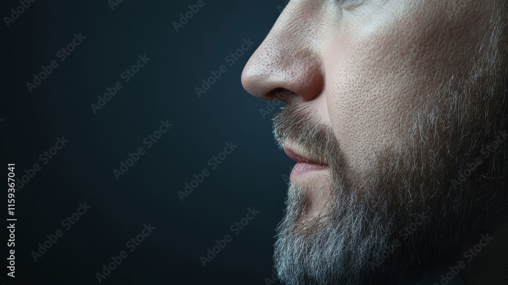 Profile of a thoughtful man with a beard against a dark background, showcasing intricate details of skin texture and facial features in a mesmerizing composition. Profile of a thoughtful man with a beard against a dark background, showcasing intricate details of skin texture and facial features in a mesmerizing composition.