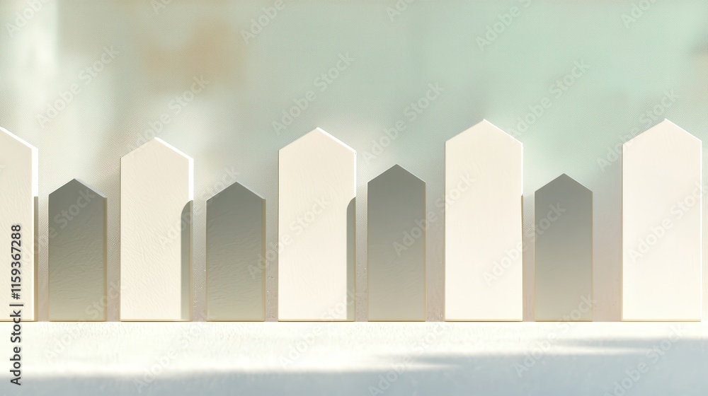 Minimalist geometric house shapes with soft light and gentle gradient background for modern design