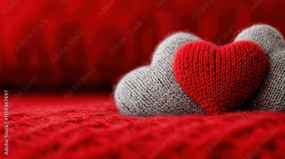 Fototapeta premium Cozy Knitted Hearts on Soft Red Background for Valentine's Day or Romantic Decor