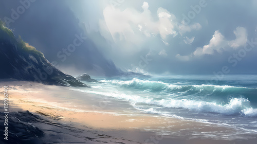 Serene seascape: a foggy beach with gentle waves. Seabreeze. Illustration