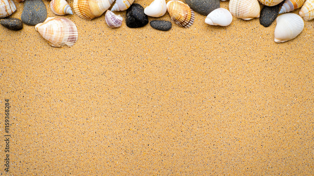 Seashells and smooth stones on sandy beach create tranquil scene Seashells and smooth stones on sandy beach create tranquil scene