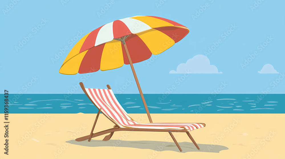 Sunny beach flat design side view summer vacation theme animation vivid. Seabreeze. Illustration Sunny beach flat design side view summer vacation theme animation vivid. Seabreeze. Illustration