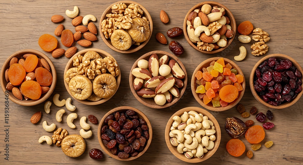 assorted nuts and dried fruit background. organic food in wooden bowls, top view. Ramadan assorted nuts and dried fruit background. organic food in wooden bowls, top view. Ramadan