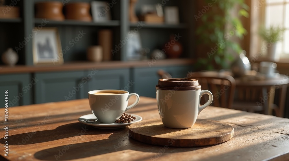 Coffee Aid with Modern Design on Rustic Table Coffee Aid with Modern Design on Rustic Table