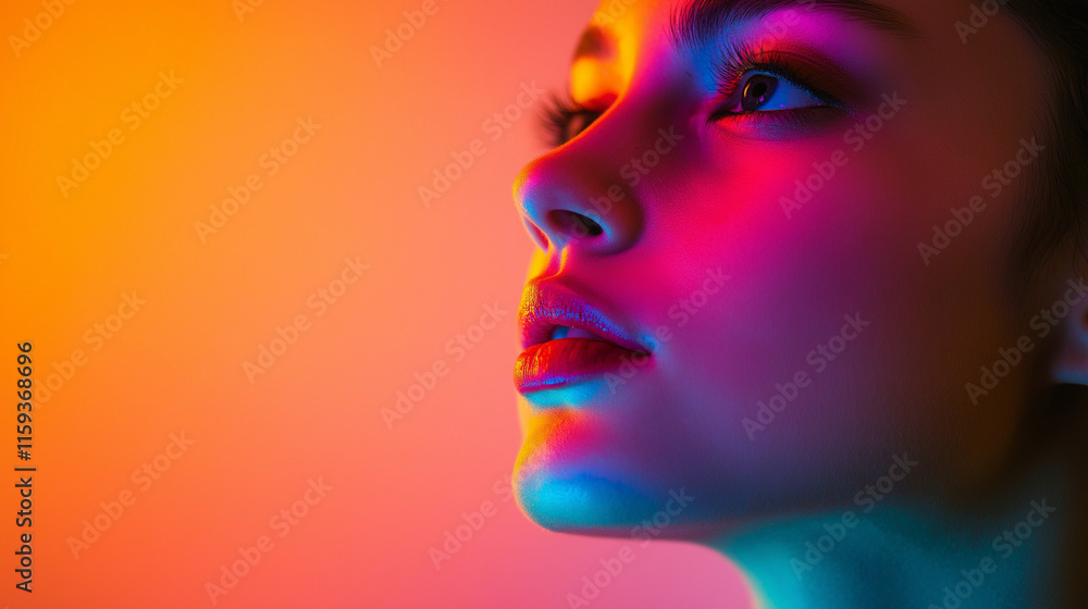 Young asian female in vibrant neon lighting with artistic expression Young asian female in vibrant neon lighting with artistic expression