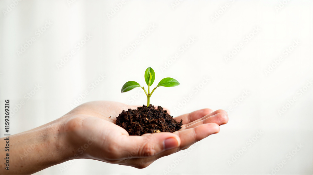 Young plant seedling in hands with soil against white background Young plant seedling in hands with soil against white background