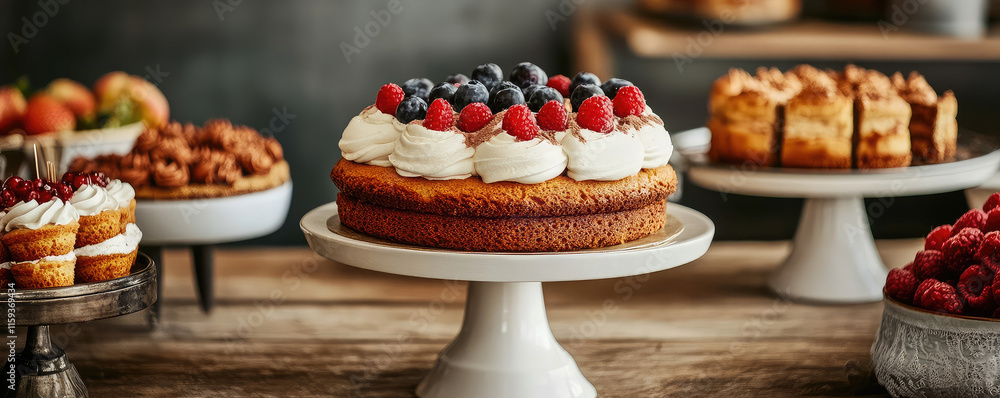 Delightful desserts displayed on rustic table, featuring berry topped cake, mini pastries, and assorted treats, creating warm and inviting atmosphere Delightful desserts displayed on rustic table, featuring berry topped cake, mini pastries, and assorted treats, creating warm and inviting atmosphere