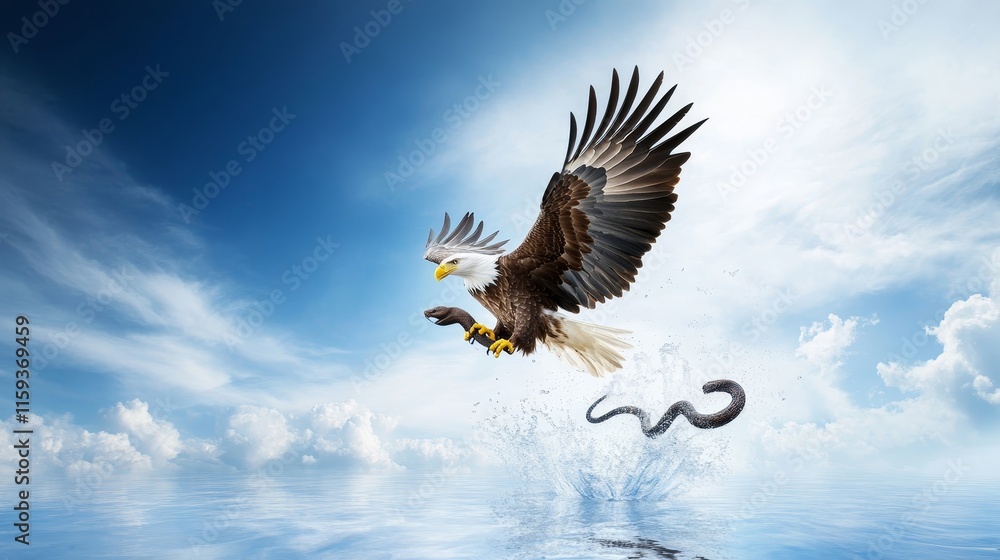 Obraz premium Majestic Eagle Soaring Above Water with Intense Focus on Prey, Capturing the Natural Majesty and Power of Wildlife in a Stunning Seascape Background