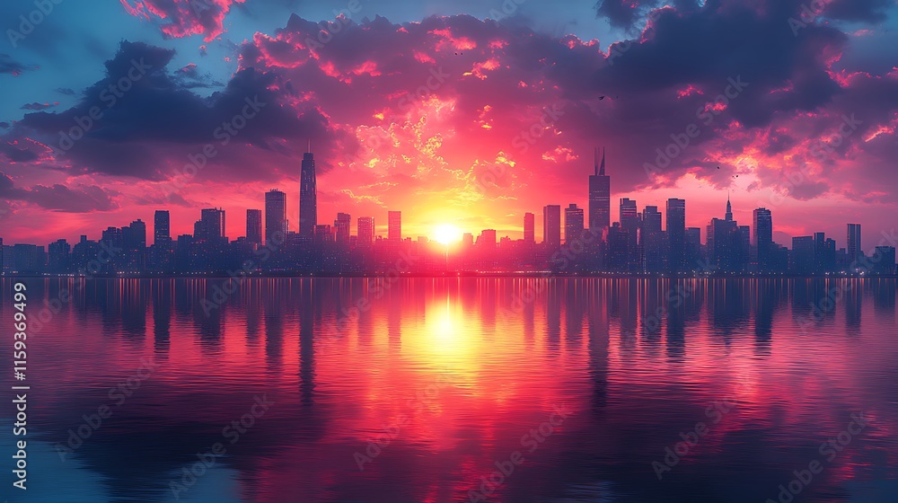 Serene waters beautifully reflect the urban skyline illuminated by a vibrant sunset wallpaper image Serene waters beautifully reflect the urban skyline illuminated by a vibrant sunset wallpaper image
