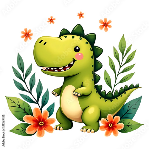 Cute cartoon dinosaur character isolated on transparent background. photo