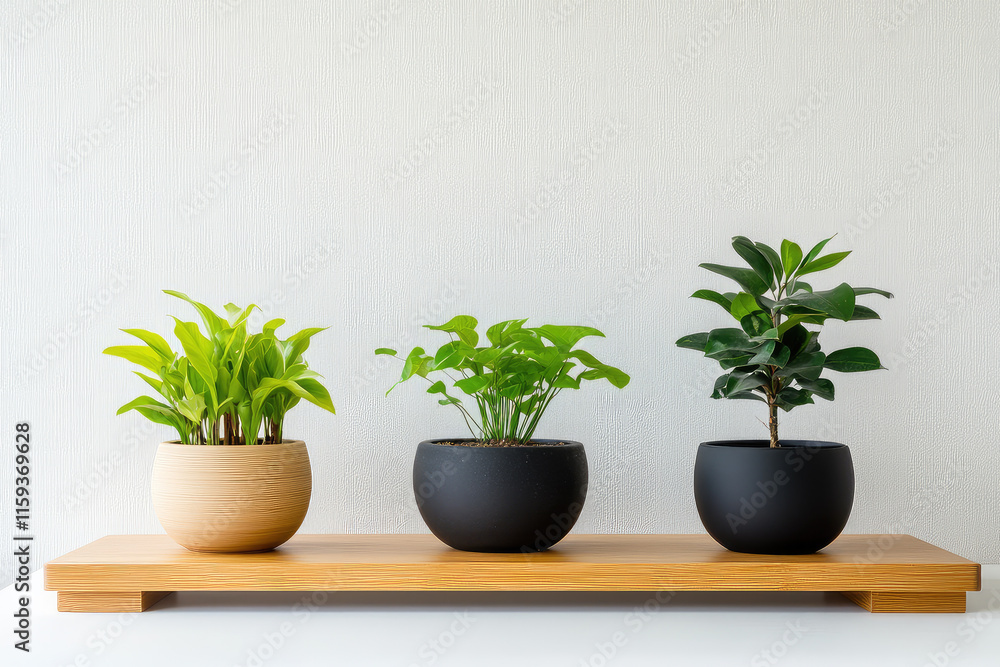 Modern indoor plants displayed on wooden shelf, featuring three pots in different styles. vibrant greenery adds fresh touch to minimalist decor Modern indoor plants displayed on wooden shelf, featuring three pots in different styles. vibrant greenery adds fresh touch to minimalist decor
