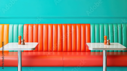 Bright diner booth with vibrant upholstery in orange and teal colors, featuring two tables with salt and pepper shakers. cheerful and inviting atmosphere for dining