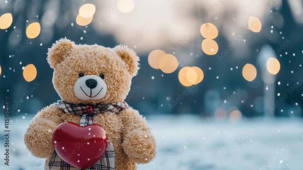 Cute teddy bear holding a red heart in a snowy landscape with soft bokeh and winter ambiance Cute teddy bear holding a red heart in a snowy landscape with soft bokeh and winter ambiance
