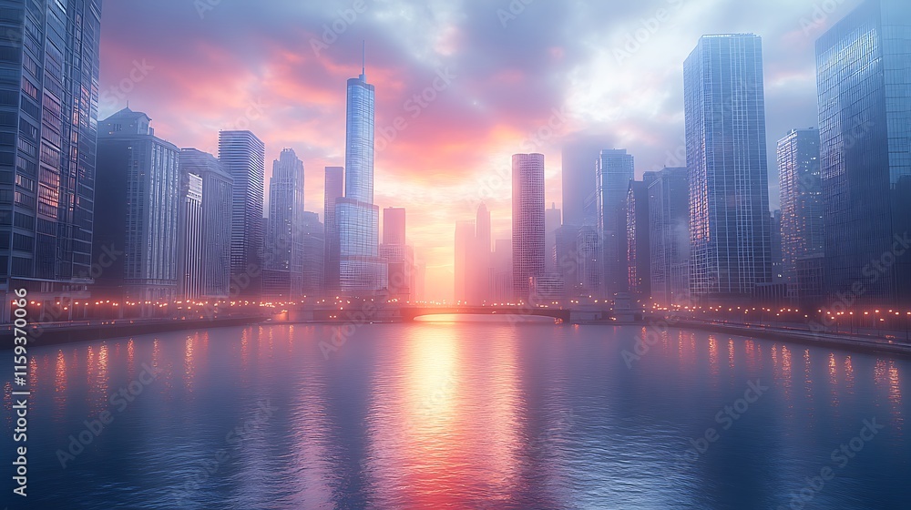 Fototapeta premium Sunset paints the urban skyline vivid reflected beautiful on calm waters wallpaper image