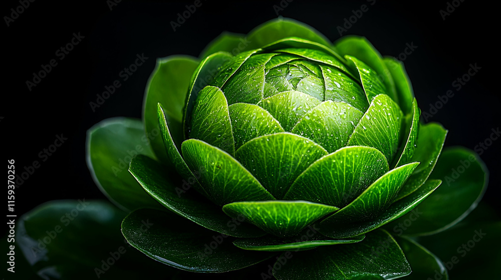 Obraz premium A close-up view of a vibrant green lotus flower with intricate petals, set against a dark background, showcasing its natural beauty and detail.