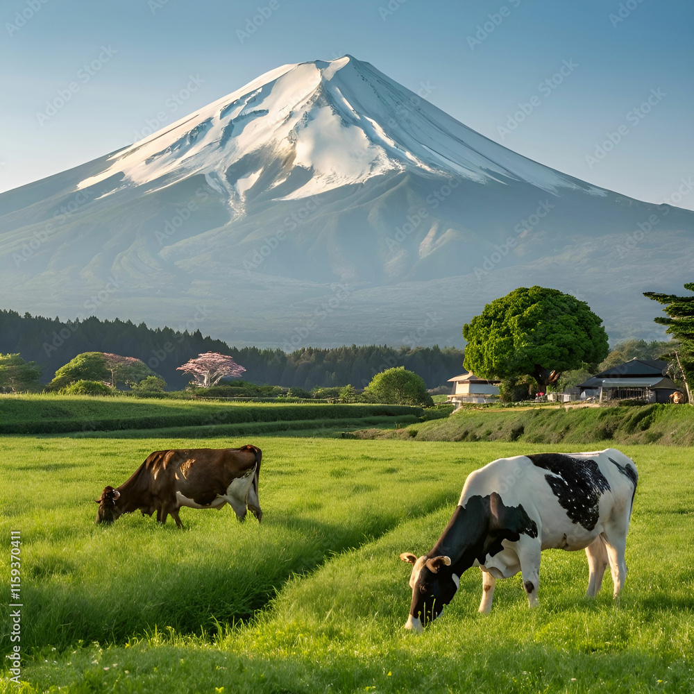 cows eating lush grass on the green field in front cows eating lush grass on the green field in front