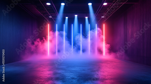 A free stage with neon light beams, spot lights and smoke. For stage performance.