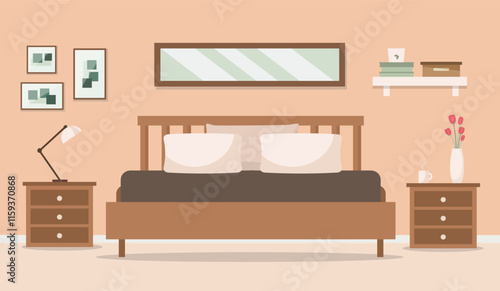 Bedroom design concept in flat style. Bedroom interior with accessories. Vector stock