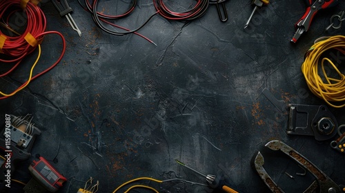 Top view of various electrical tools and wires on dark textured surface.