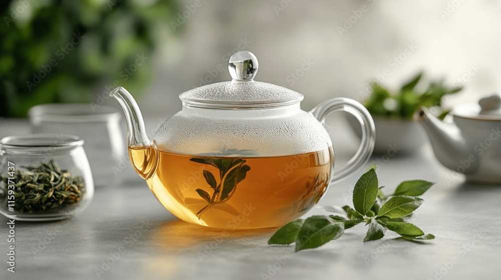Glass Teapot Brewing Aromatic Herbal Tea Leaves Glass Teapot Brewing Aromatic Herbal Tea Leaves