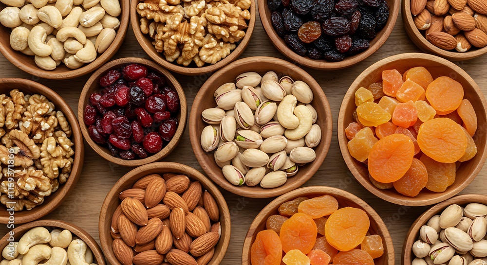 assorted nuts and dried fruit background. organic food in wooden bowls, top view. Ramadan assorted nuts and dried fruit background. organic food in wooden bowls, top view. Ramadan