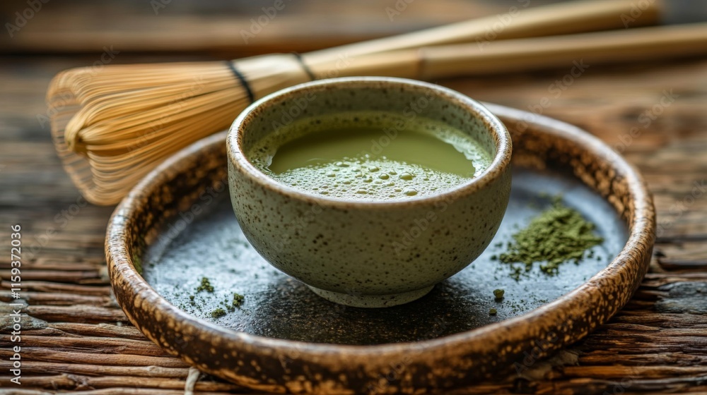 A Bowl Of Matcha Tea With Whisk And Tray A Bowl Of Matcha Tea With Whisk And Tray