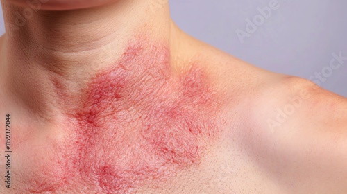 Close-up of skin irritation on neck and shoulder, showcasing dermatological skin condition. photo