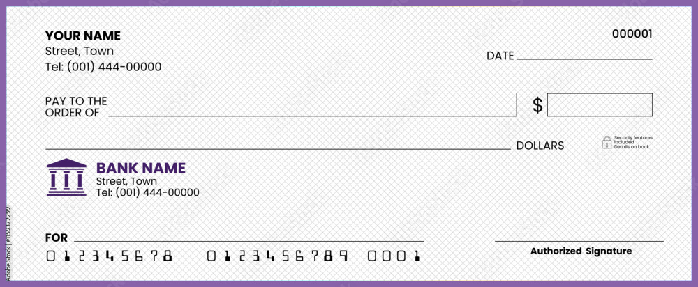 Obraz premium Generic Blank Bank Check Template: American Cheque Vector Design