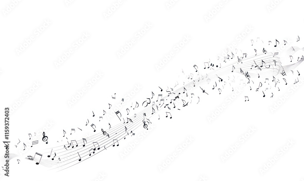 Flowing music notes on staves in wave formation. Flowing music notes on staves in wave formation.