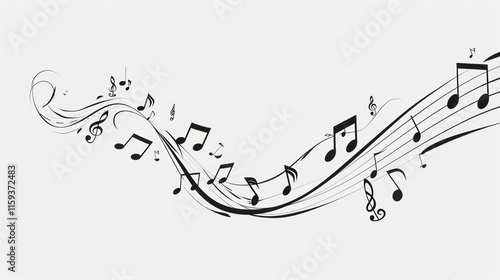 Flowing musical notes and staves on a white background.