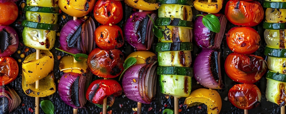 Skewers filled with colorful vegetables cooked to perfection Skewers filled with colorful vegetables cooked to perfection