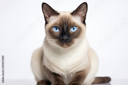 A majestic Siamese cat with striking blue eyes elegantly poses against a white background. photo