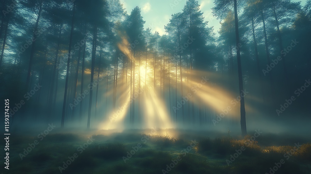 Fototapeta premium Sun rays piercing through misty forest.