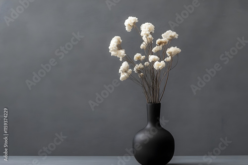 Flores secas blancas decorativas en un jarrón negro sobre fondo gris photo