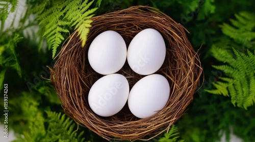 Four White Eggs in a Nest - Fresh eggs, springtime, nature, new life, beginnings.  Symbolising purity, fertility, hope, and renewal. photo