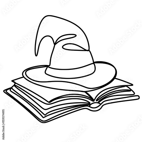 Witch’s hat placed on an open book one line art drawing