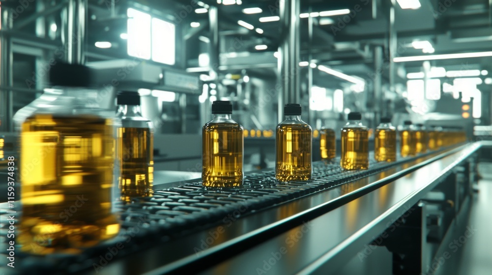 Automated Liquid Bottling Line in a Modern Factory Automated Liquid Bottling Line in a Modern Factory