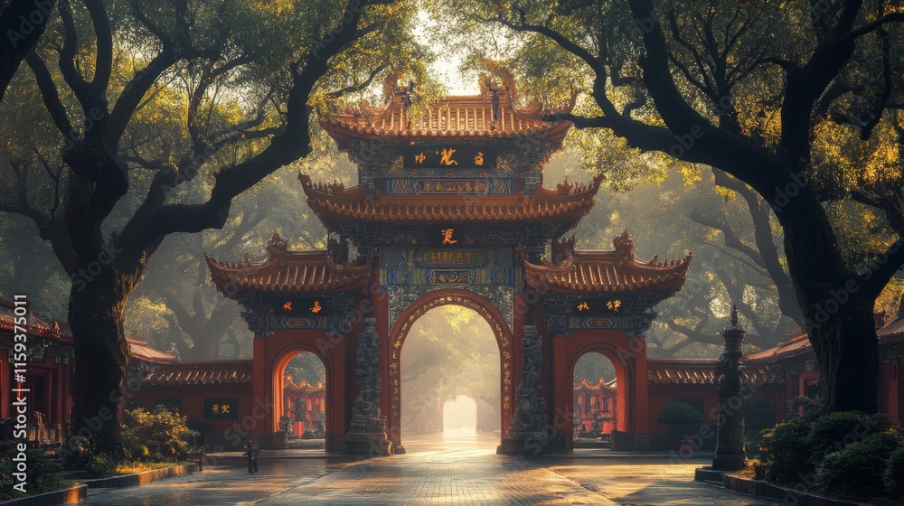 Fototapeta premium Ornate Chinese Temple Gate Under Majestic Trees