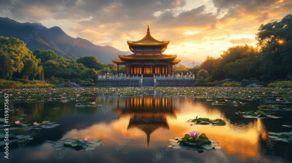 Golden Pavilion Reflecting in Serene Sunset Lake Golden Pavilion Reflecting in Serene Sunset Lake