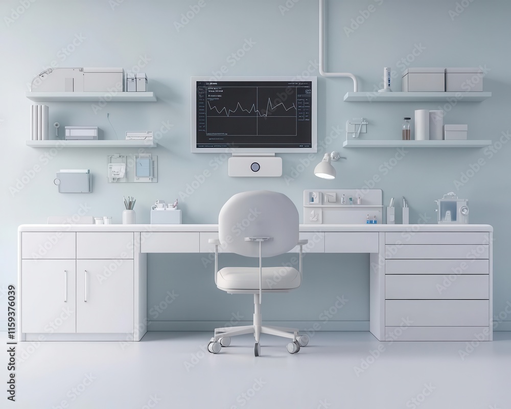 Hightech pediatric exam room with AI diagnostics screen, welcoming decor, soft lighting Hightech pediatric exam room with AI diagnostics screen, welcoming decor, soft lighting