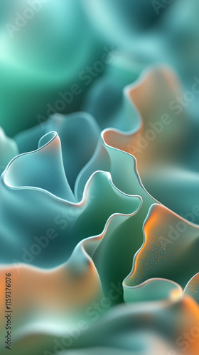 Abstract digital artwork featuring smooth, flowing shapes resembling layered fabric or organic waves in shades of teal, blue, and orange. Subtle light accents and speckled patterns add depth and dimen photo