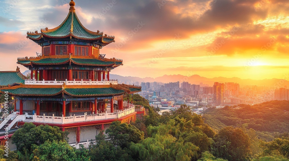 Chinese Pavilion Overlooking City Sunset Landscape Chinese Pavilion Overlooking City Sunset Landscape