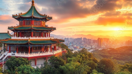 Wallpaper Mural Chinese Pavilion Overlooking City Sunset Landscape Torontodigital.ca